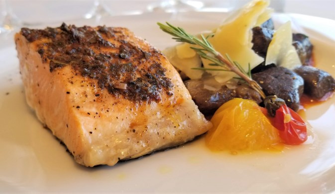 seared salmon with black garlic gnocchi